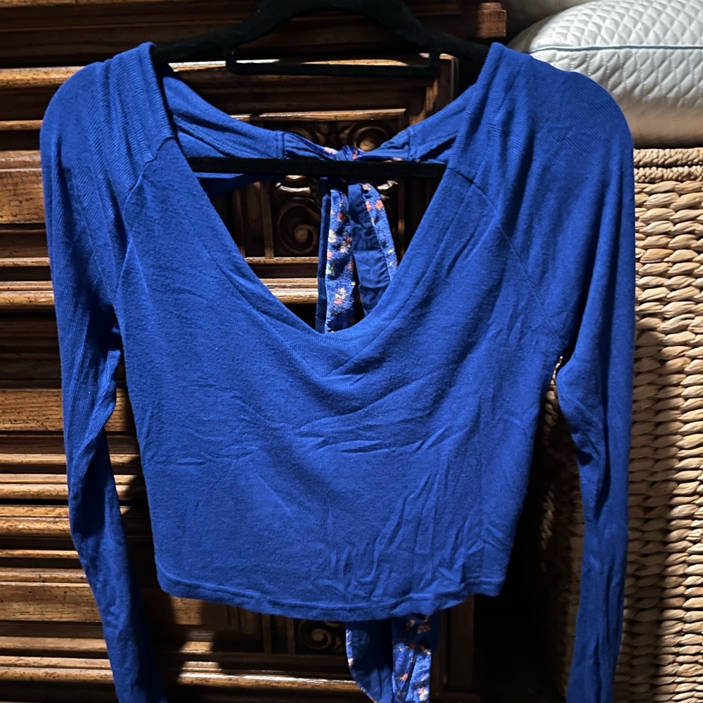 Free People Blue Long Sleeve Crop Blouse with Tie back